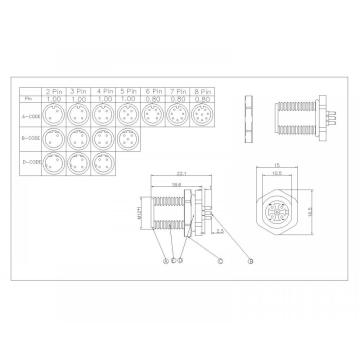 M12 2-8P Самка боковой блокировки спереди SW15T