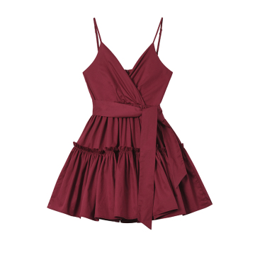 Wanita Fesyen Burgundy Ruffles Tali Pakaian