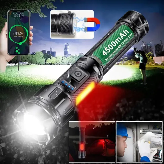 Super Bright 1000 Lumen Magnet Zoom Tactical Flashlight with XHP50 COB LED - Long Range & Powerful Rechargeable Torch Light
