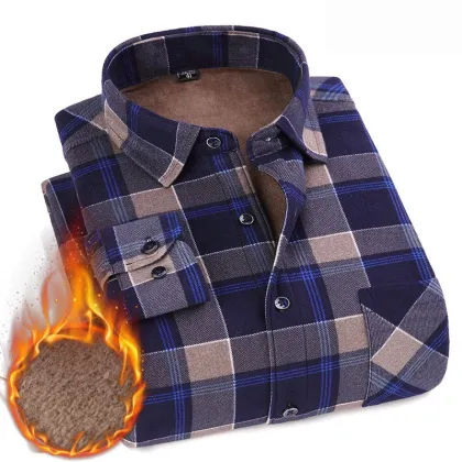Mens Long-sleeved Warm Plus Cashmere Plaid Shirt
