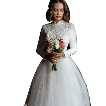 Arabic Muslim Wedding Gowns: Modest High Neck Satin Lace Long Sleeve Dresses