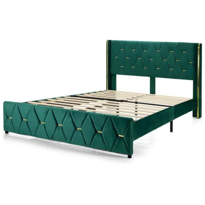 Velvet Tufted King Bed Frame - Simple Wooden Double Bed Furniture for California King Bedrooms