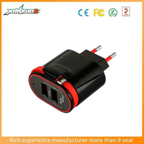 5V/3.4A 2 round pin EU charger with dual USB port and integrated cable for smart phone and tablets