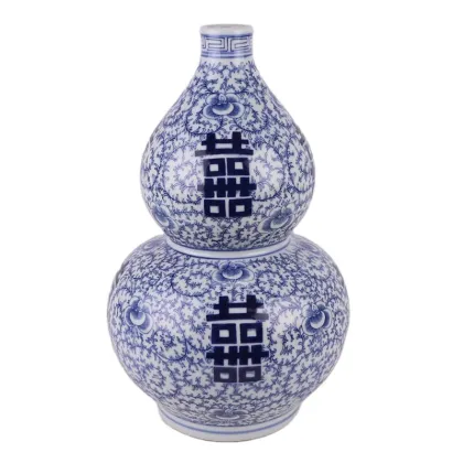RZSi64 - Chinese Double Happiness Ceramic Ginger Jar: Antique Blue and White Porcelain Flower Vase