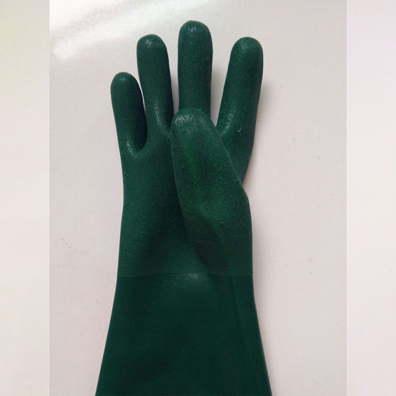 Green PVC gloves sandy finish cotton liner 60cm