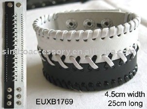 4.5cm width black and white pu leather bracelet with wrapped edge ,snap fastener leather cuff,cuff bracelet,jewelry