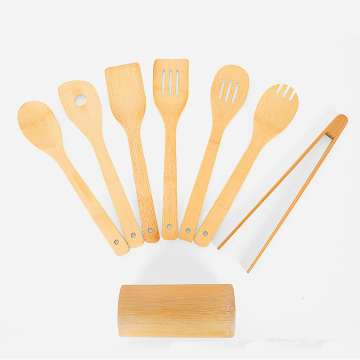 8pcs Wooden Bamboo Cooking Utensils Set with Holder for Nonstick Cookware