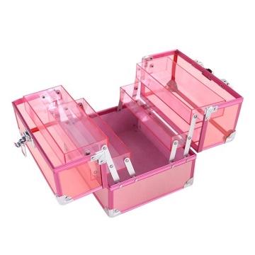 Pink 4-Tray Clear Transparent Acrylic Cosmetic Organizer Box