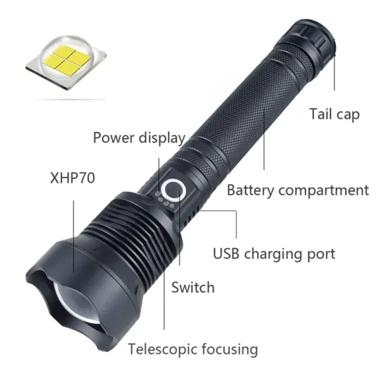 Waterproof Zoomable XHP70/50 Tactical Flashlight for Self Defense