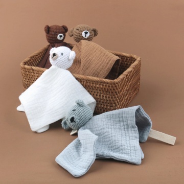 Wholesale Muslin Baby Security Soft Sleeping Toy Crochet Teddy Bear Comforter Blanket