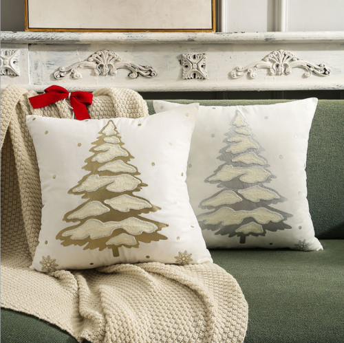 Funda de almohada de árbol de Navidad con bordado de toalla dorada
