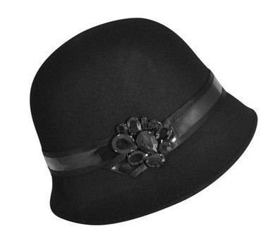 Ladies’ Cloche Shape, Classic Black Wool Felt Hats With Gemstone Trim For Normal Day