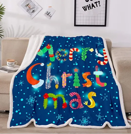 Amazon Hot Christmas Blanket  Flannel Coral Fleece Throw Sherpa Plush Blanket Double Layer Thick Digital Printed Gift Blanket