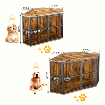 Wooden Dog Crate Corner Table with Bowl - Pet Crates Corner Side Table for Dogs