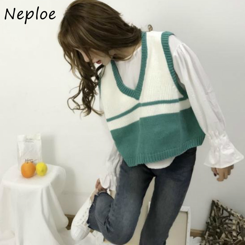 Neploe 2021 V-neck Sweet Preppy Style Sweater Women Fresh Peach Strawberry Embroidery Pullovers Panelled Patchwork Knit Tops