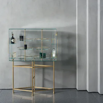 Glass Wine Cabinet with Turntable Stain Brass Floating Bar for Living Room