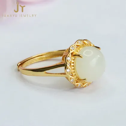 Wholesale 925 Sterling Silver Zircon & Natural Hetian Jade Rings: Eye-Shaped Real Stone Jewelry Collection