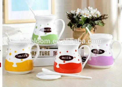 summer new simple lovely cartoon ceramic milk mug with porcelain spoon and lid