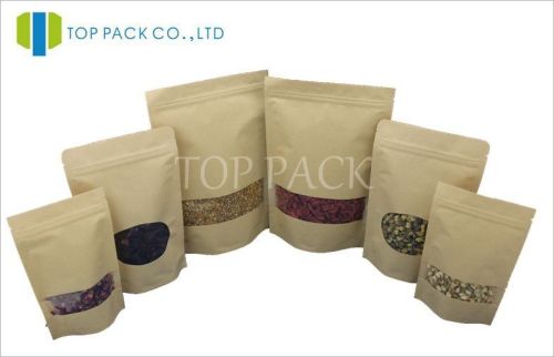 Window Kraft Paper Stand Up Pouch With Zipper , Small Brown Kraft Paper Bags
