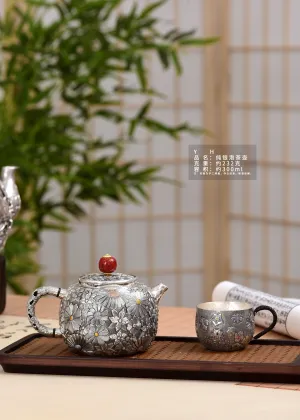 Luxury Silver Tea Pot Featuring Floral Motifs