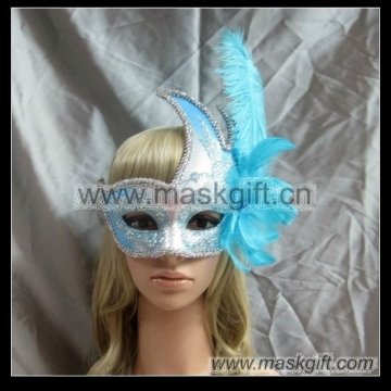 2012 Popular handmade light blue & silver glitter Venetian style feathered party masks