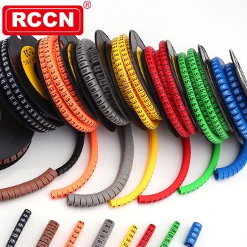เครื่องหมายสายเคเบิล RCCN EC-1/6BE พื้นหลังสีน้ำเงินสีดำสีขาวพิมพ์ลวดหมายเลขป้ายชื่อ