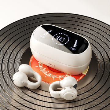 Toocki Ows 5.3 Bluetooth Earphone - Beige/Black, Clip-on Design with Digital Display