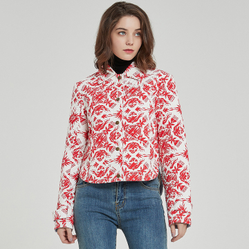 Vintage Red Floral Pattern Cropped Shirt Jacket for Women