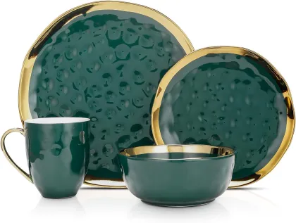 Stone Lain Florian Modern Porcelain 16 Piece Dinnerware Set, Plates and Bowls Set, Dish set for 4, Green and Golden Rim