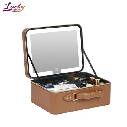 Adjustable Light Mirror Custom Brown PU Leather Makeup Bag