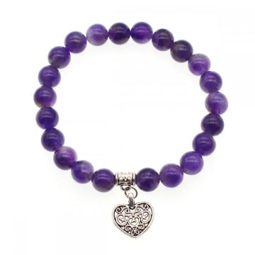 Natural Amethyst Chakra Gemstone 8MM Round Beads Charms Bracelet with Heart Alloy