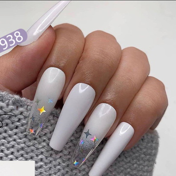 24pcs/set Long Coffin Fake Nails Laser White Star Decal Full Cover Ballerina Nail Art Tips with Glue Artificial Fingernail Tools