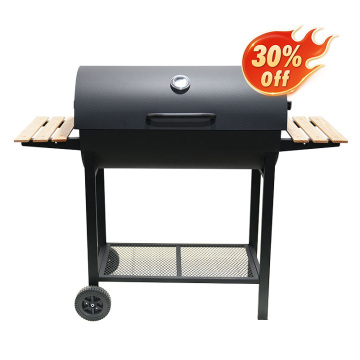 Grande gril à barbecue en forme de tonneau avec deux tables latérales pour jardin extérieur