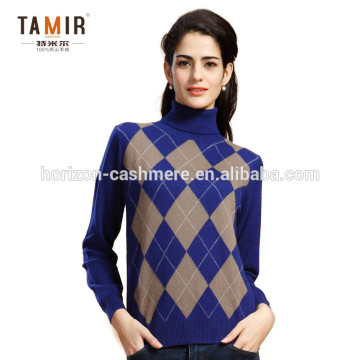 Fashion Woman Cashmere Plaid Turtleneck Sweater, Women Blue Argyle Ribbed Sweater