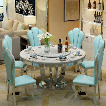 Designer GD043: New Fashion Chair and Table Set with Stainless Steel and Marble Dining Table, Green Fabric Chairs