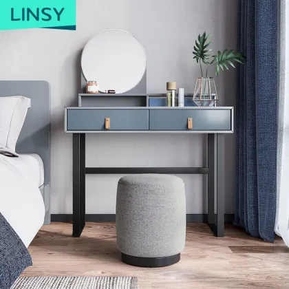 Linsy Modern Adult Nordic Solid Wood Makeup Desk with Blue Mirror