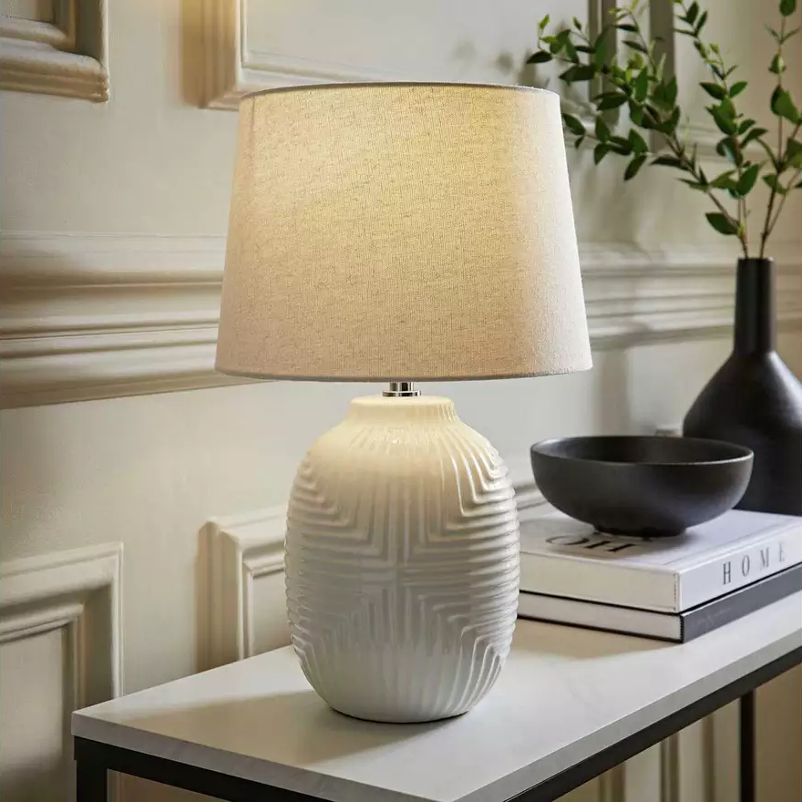 Harrison Ceramic LED Medium Geometric Ribbed Gloss Table Lamp- White (2)