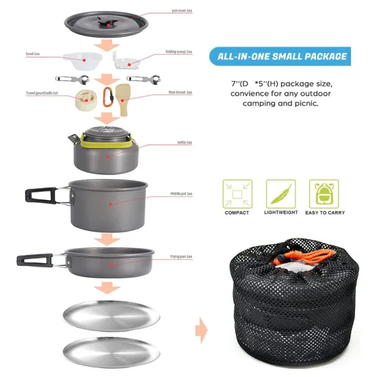 Portable Camping Cooking Set for Backpacking Outdoor Hiking and Picnic Pot Pan Folding Spoon Kit aluminum Camping Cookware Kit