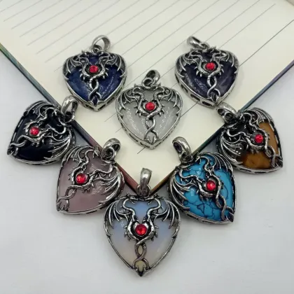 Black Obsidian Heart Antique Silver Double Dragon Stone Pendant (32x42mm) Keychain