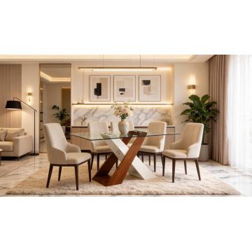 Mesa de jantar elegante com tampo de vidro para 4 a 6 lugares