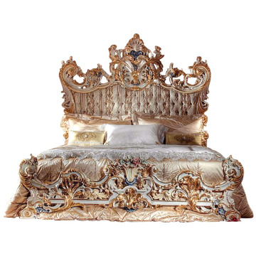 Luxury French Style Hand-Painted Solid Wood Carving Double Bed