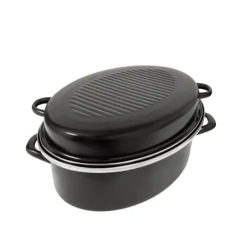 Oval Black Enamel Grill Pan with Lid for Home Grilling