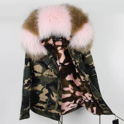 OEM ODM Big Raccoon Fur Collar Faux Fur Lined Women Camouflage Coat
