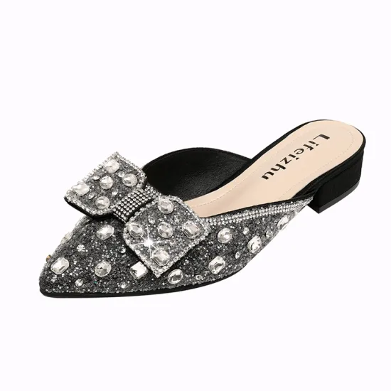 2024 Summer Collection: Large Size 43 Pointed Mid Heel Slippers for Women - Sequin Mule Shoes, Perfect for Beach Banquets and Luxury Occasions