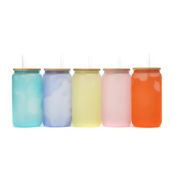 16oz Sublimation Clear Frosted Can Glass Mug with Bamboo Lid and Straws - Beer Can Cups