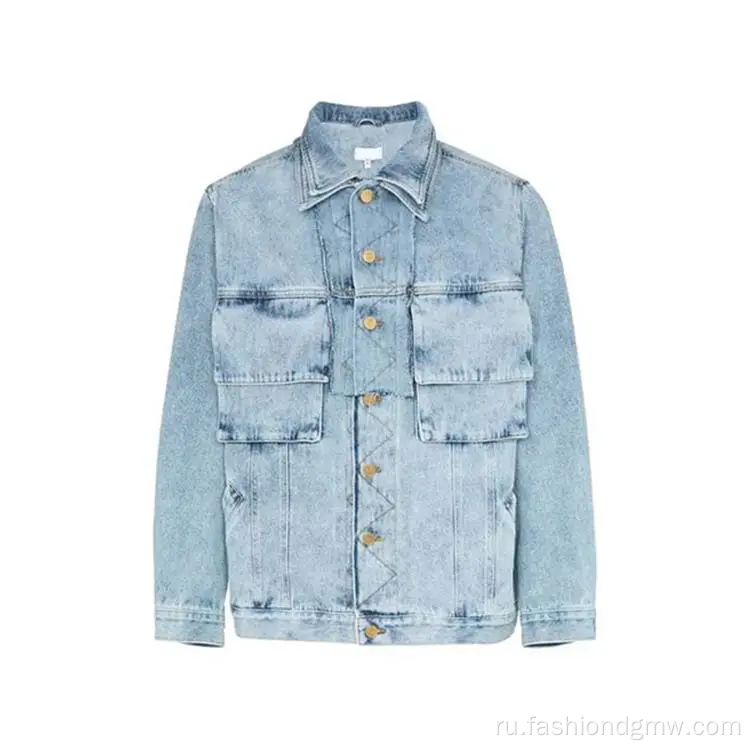 Настраиваемая пуговица Mens Light Blue вымытая джинсовая куртка