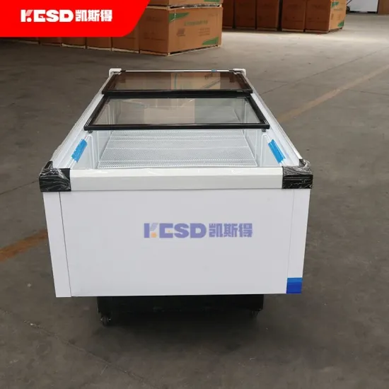 Supermarket Commercial Island Top Open Fridge Deep Freezer with Sliding Curved Glass Door Chest Freezer