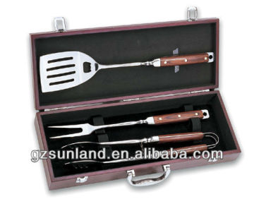 3pcs bbq tool set with wood box,luxury bbq tool