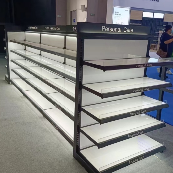 L-column Double Sided Display Shelf for Supermarket