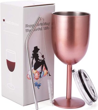 10oz Double Walled Vacuum Insulated Stainless Steel Wine Glass with Lid and Straw